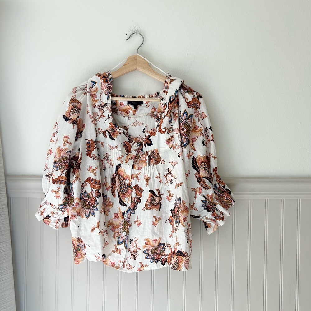 RACHEL Rachel Roy Size Large Linen Blend Floral Blouse White Orange